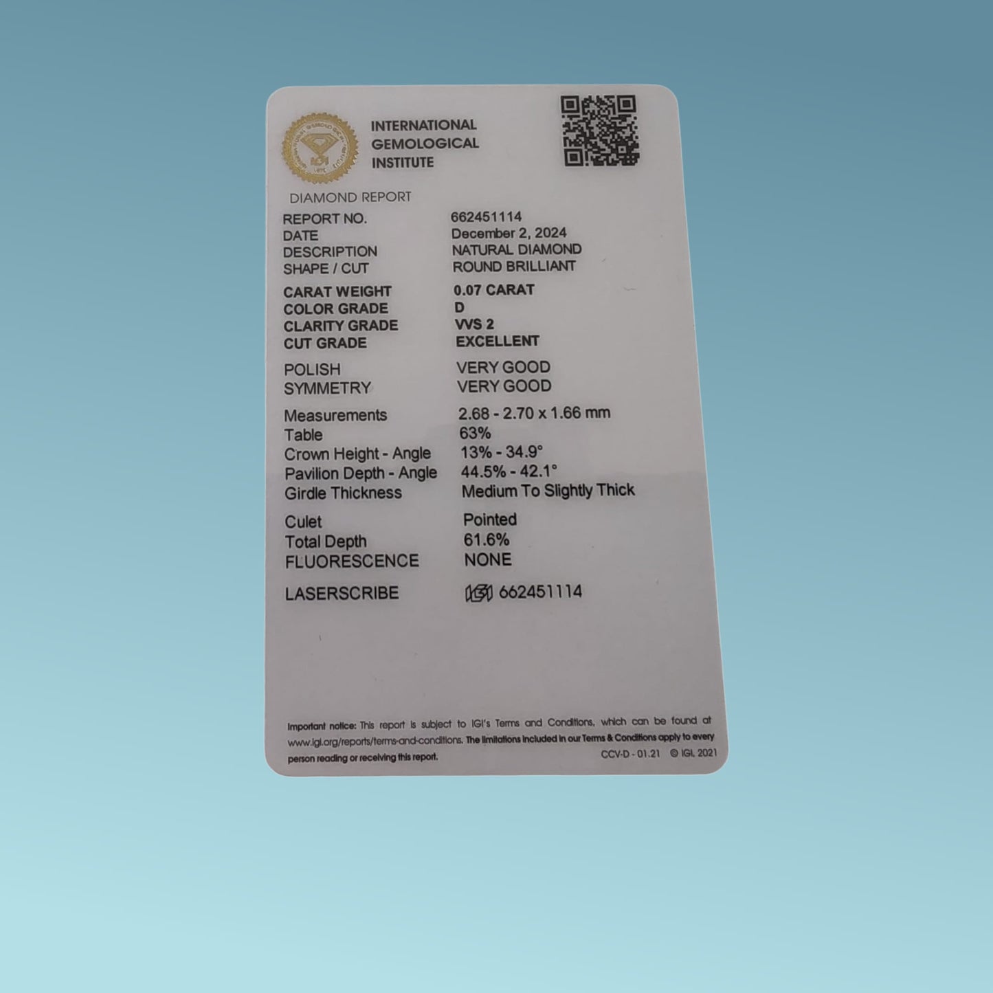 diamante naturale 0.07 carati d color vvs2 certificato igi report n° 662451114