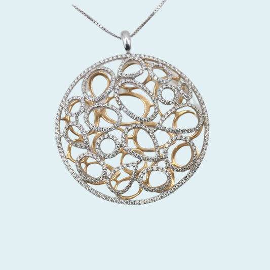 Girocollo in oro bianco e rosa 18kt di Meteore Gioielli  a forma di cerchio, impreziosito da diamanti taglio brillante che adornano gocce e ovali all'interno del cerchio.