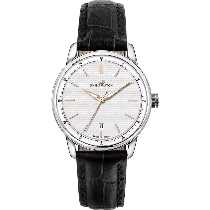 Orologio da uomo con movimento al quarzo ETA F06.115 con funzioni di solo tempo con data. Cassa in acciaio inox dal diametro di 40 mm. Fondello e corona a vite.