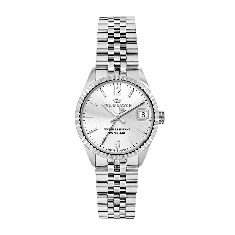 Orologio da donna Philip Watch con movimento al quarzo e funzioni di solo tempo con data. Cassa in acciaio inox dal diametro di 31 mm e spessore di 9,15 mm. Lunetta zigrinata. Fondello e corona a vite