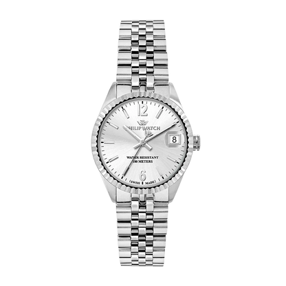 Orologio da donna Philip Watch con movimento al quarzo e funzioni di solo tempo con data. Cassa in acciaio inox dal diametro di 31 mm e spessore di 9,15 mm. Lunetta zigrinata. Fondello e corona a vite