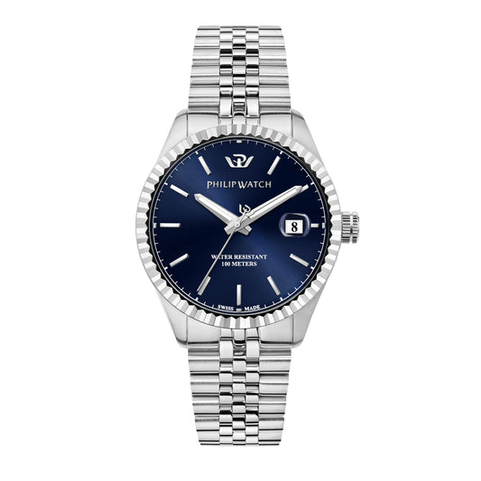 Orologio Philip Watch da uomo con movimento al quarzo ETA F06.115 e funzioni di solo tempo con data.
Cassa rotonda in acciaio inox dal diametro di 41 mm. Lunetta zigrinata. Fondello e corona a vite. 
Quadrante blu con indici a bastoni, logo a ore 12 e datario a ore 3 con lente di ingrandimento. Vetro zaffiro.