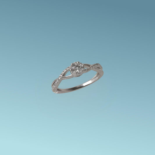 Anello fantasia in oro bianco 18kt di Meteore Gioielli presenta una rosa di diamanti naturali taglio brillante al centro e sul gambo ct 0.24 G/VS