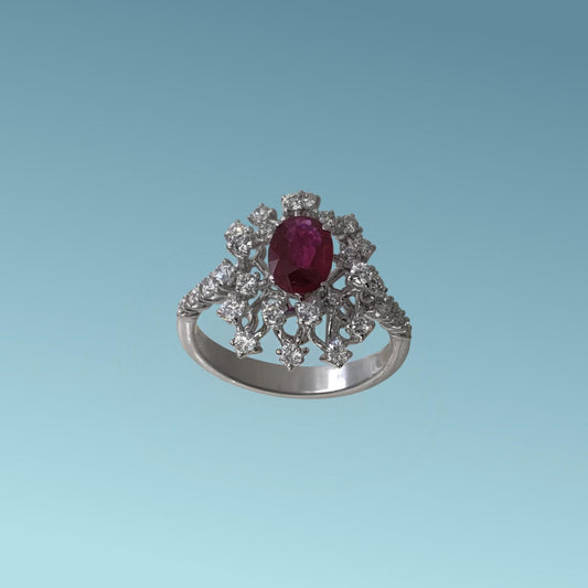 Questo anello di Meteore Gioielli rappresenta una splendida armonia tra il colore intenso del rubino naturale ct 0.71 posto al centro e la luminosità STELLARE dei diamanti naturali taglio brillante ct 0.61 G/VS.