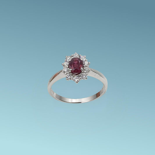 Anello oro bianco 18ct con Rubino da 0.60 carati e diamanti naturali di 0.34 carati realizzato da Meteore Gioielli