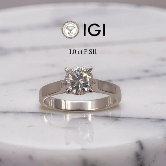Anello solitario oro 18kt Meteore con diamante naturale 1 carato F color SI1 certificato IGI
