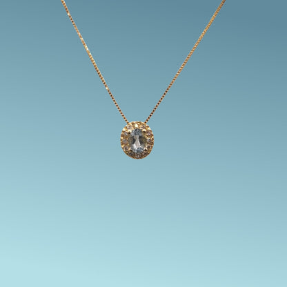Collana in oro giallo 18kt cm 45 di Meteore Gioielli con Acquamarina naturale taglio ovale e giro di diamanti naturali taglio brillante ct 0.05