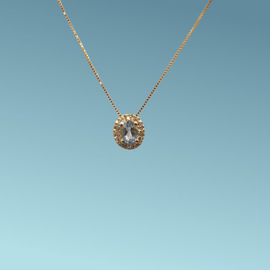 Collana in oro giallo 18kt cm 45 di Meteore Gioielli con Acquamarina naturale taglio ovale e giro di diamanti naturali taglio brillante ct 0.05