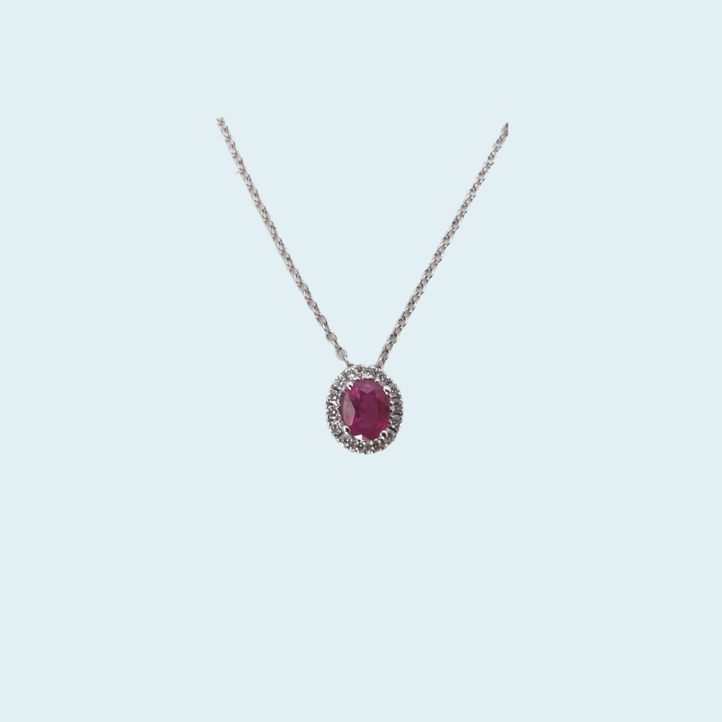 collana in oro bianco 18kt cm 45 di mirco visconti con rubino naturale taglio ovale e contorno di diamanti naturali taglio brillante