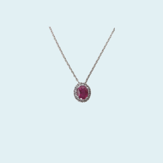 Collana in oro bianco 18kt cm 45 di Mirco Visconti con Rubino naturale taglio ovale e contorno di diamanti naturali taglio brillante