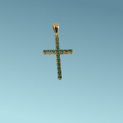Ciondolo in Oro Giallo 18kt di Meteore Gioielli a forma di croce cm 2.5 con 16 smeraldi naturali taglio brillante di 0.22 ct.