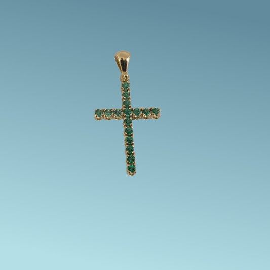 Ciondolo in Oro Giallo 18kt di Meteore Gioielli a forma di croce cm 2.5 con 16 smeraldi naturali taglio brillante di 0.22 ct.