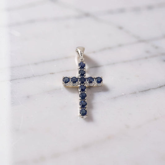 Croce in Oro Bianco 18Kt con Zaffiri Blu Naturali 0.89 ct firmata Meteore Gioielli