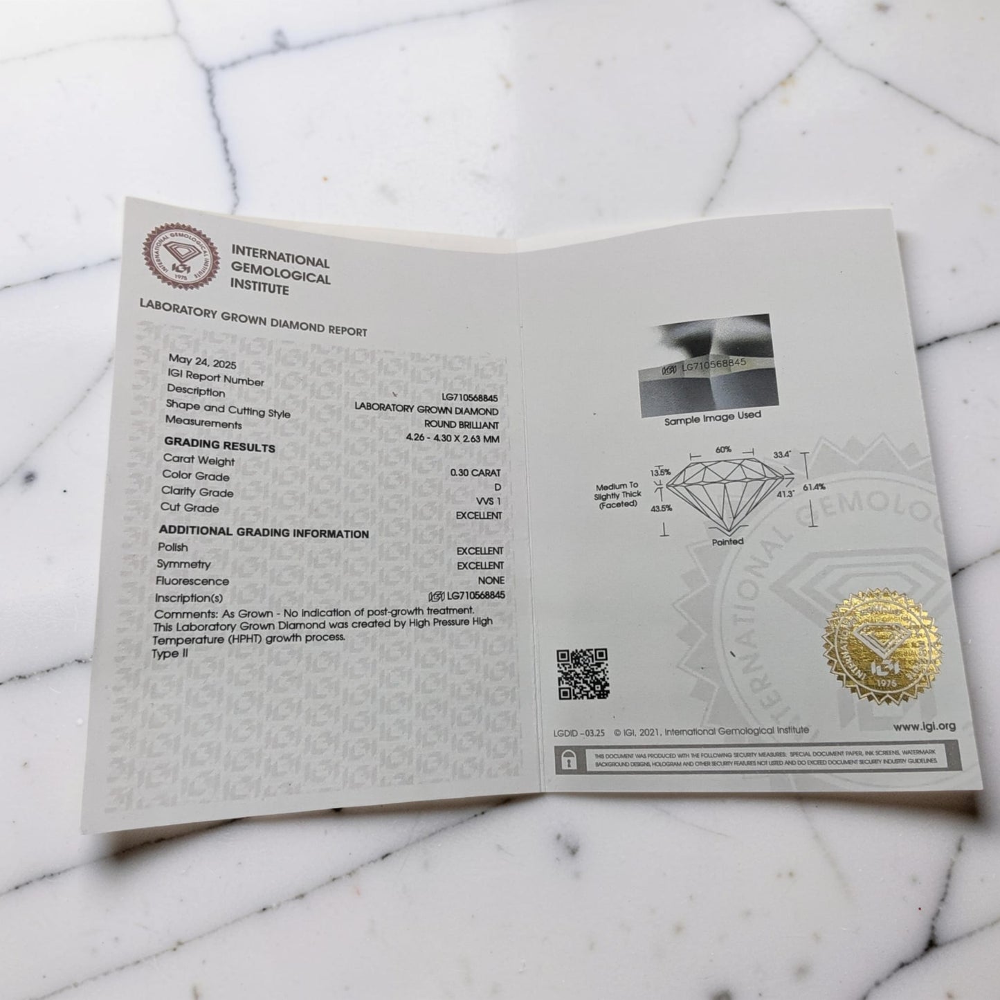 report diamante creato in laboratorio certificato igi 0,30 carati d color vvs1