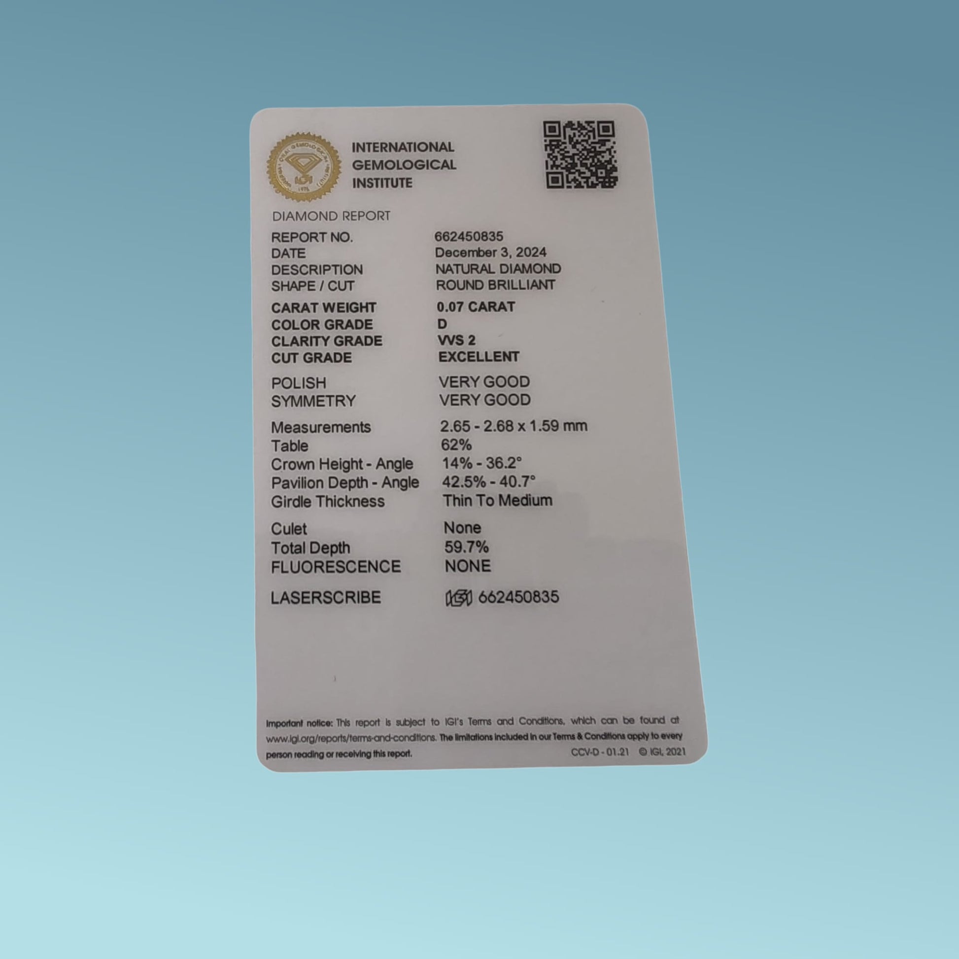 Diamante Naturale 0.07 carati D color VVS2 Certificato IGI n°662450835