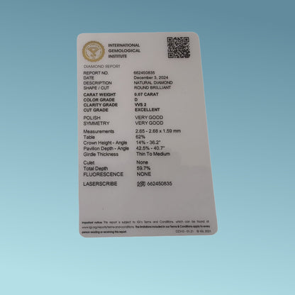 Diamante Naturale 0.07 carati D color VVS2 Certificato IGI n°662450835