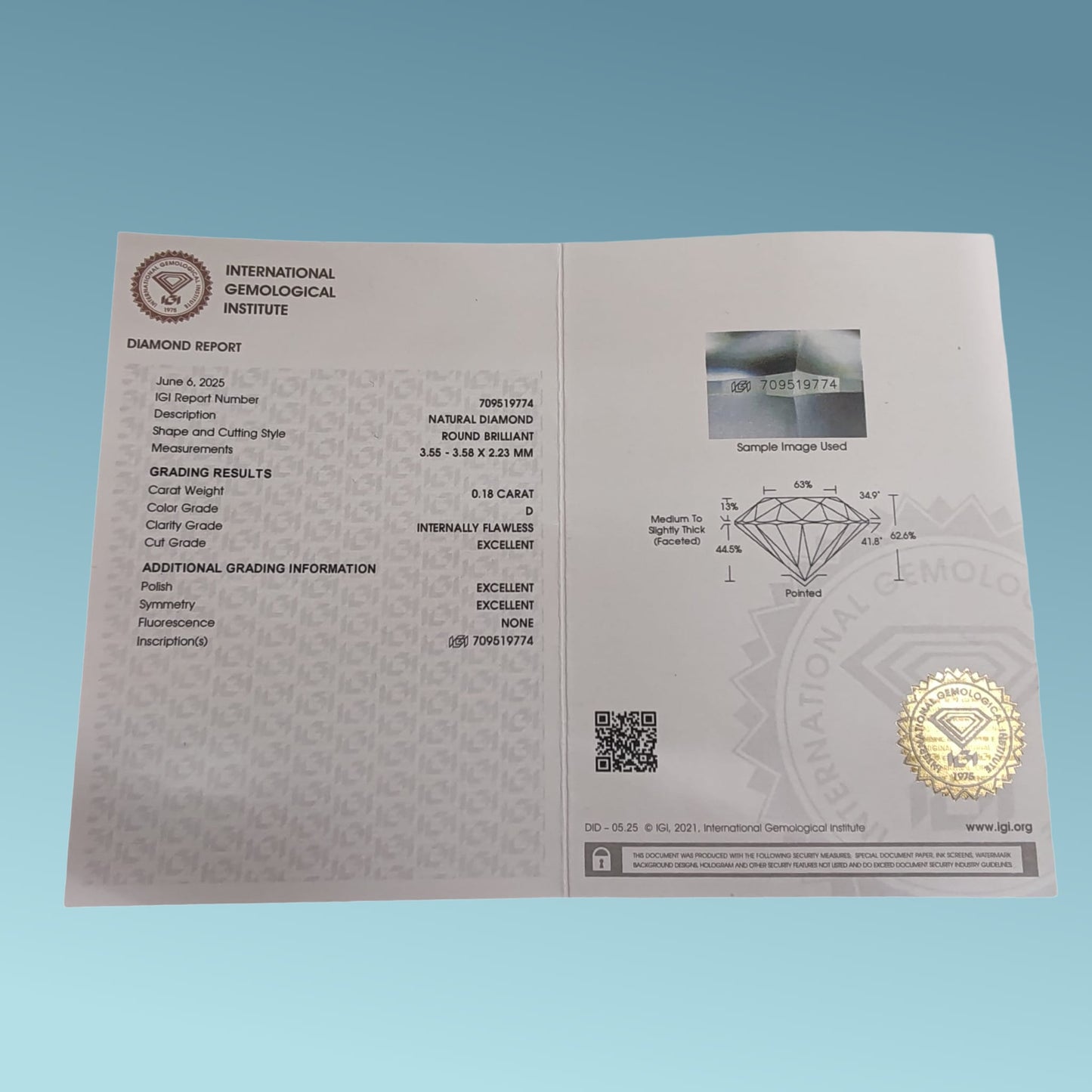diamante naturale 0.18 carati d color if certificato igi n°709519774