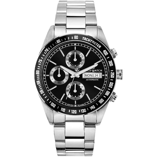 cronografo con movimento automatico, bracciale in acciaio che racchiude una cassa di 41 mm con quadrante nero. La lunetta con scala tachimetrica