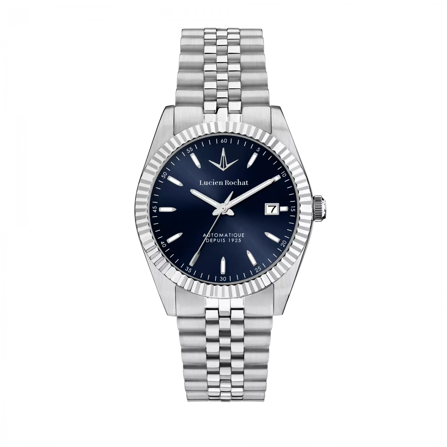 orologio lucien rochat uomo collezione bienne automatico solo tempo cassa in acciaio 39mm fondello a vite vetro zaffiro quadrante blu bracciale in acciaio