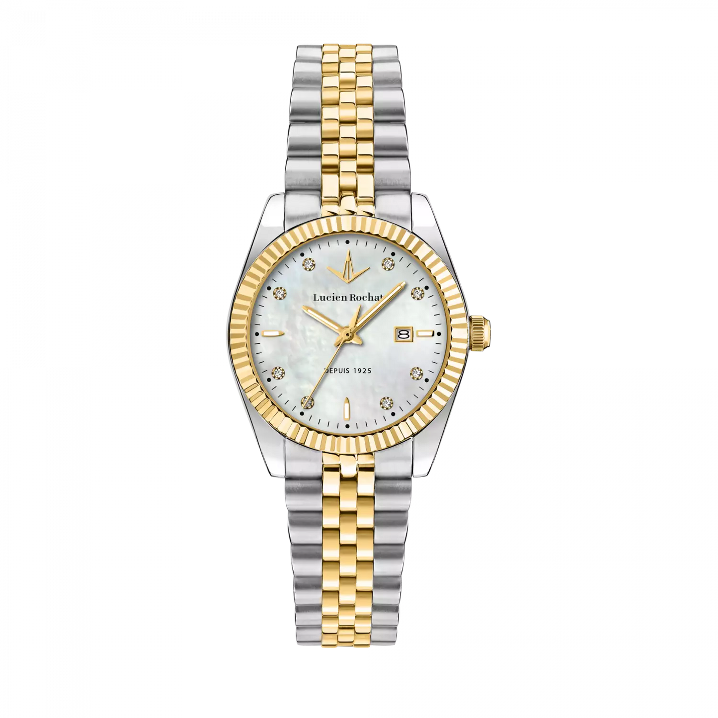 orologio tempo e data da donna lucien rochat r0453124501, cassa silver in acciaio indici con diamanti. collezione bienne lady&nbsp; quadrante madreperla dettagli oro giallo 31mm 5atm