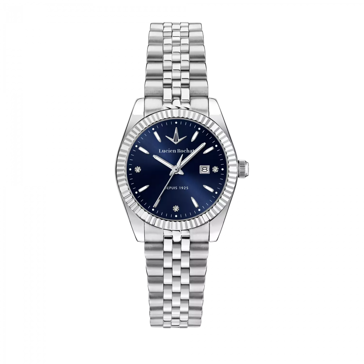 orologio tempo e data da donna lucien rochat r0453124502, cassa silver in acciaio indici con diamanti. collezione bienne lady quadrante blu
