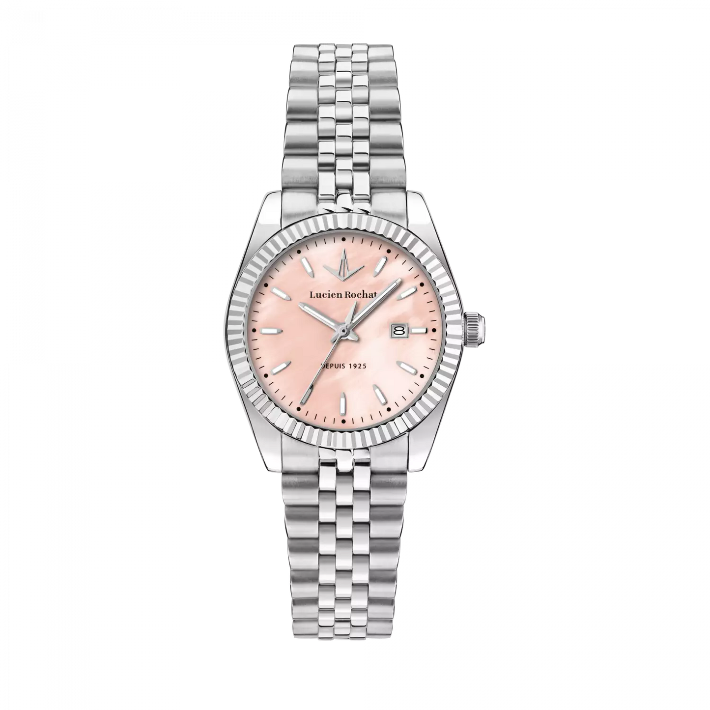 orologio tempo e data da donna lucien rochat r0453124504, cassa silver in acciaio. collezione bienne lady quadrante rosa chiaro in madreperla