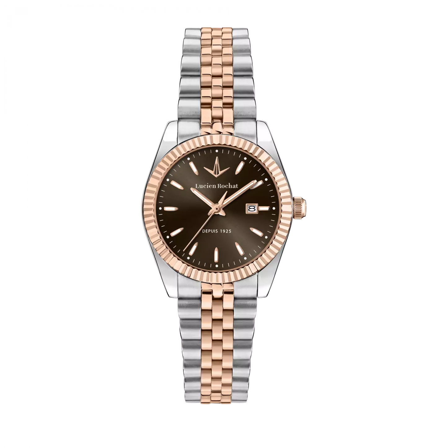 orologio tempo e data da donna lucien rochat r0453124514, cassa silver in acciaio. collezione bienne 2025/2026 quadrante marrone dettagli oro rosa
