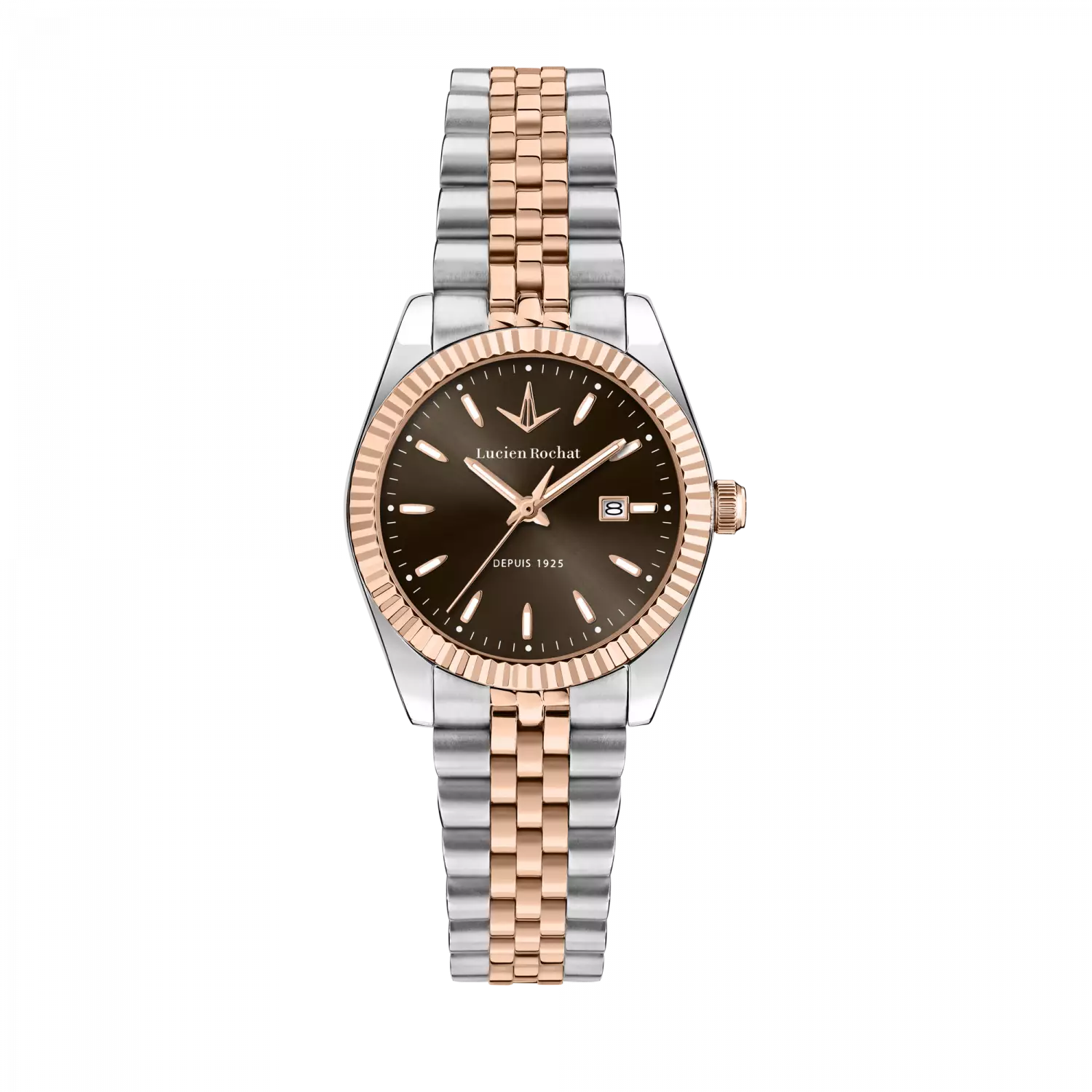 Orologio Tempo e data da Donna Lucien Rochat R0453124514, Cassa Silver in Acciaio. Collezione Bienne 2025/2026 Quadrante marrone Dettagli oro rosa