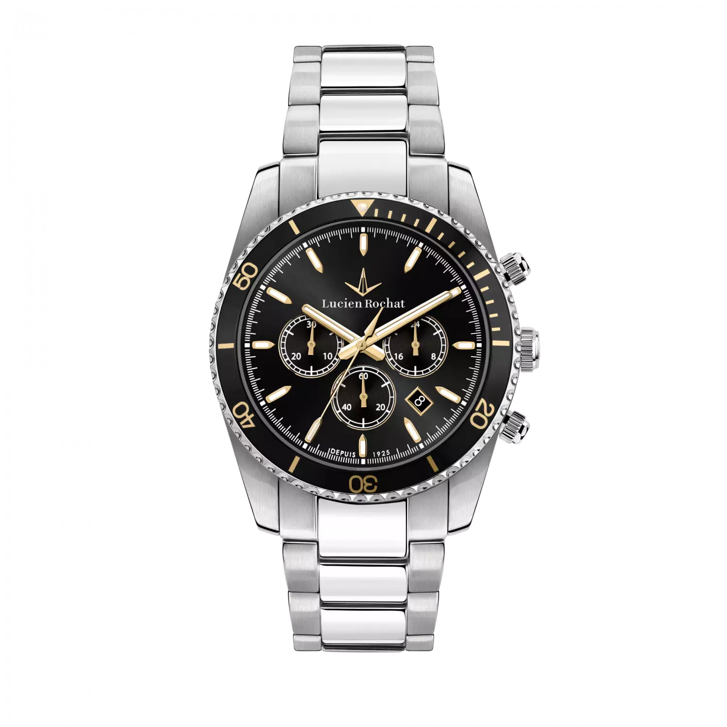 orologio lucien rochat uomo collezione léman, movimento al quarzo con funzione di cronografo con data. la cassa è in acciaio inox da 43mm, fondello e corona a vite e vetro zaffiro con lente sul datario a ore 4 lunetta con dettagli oro giallo