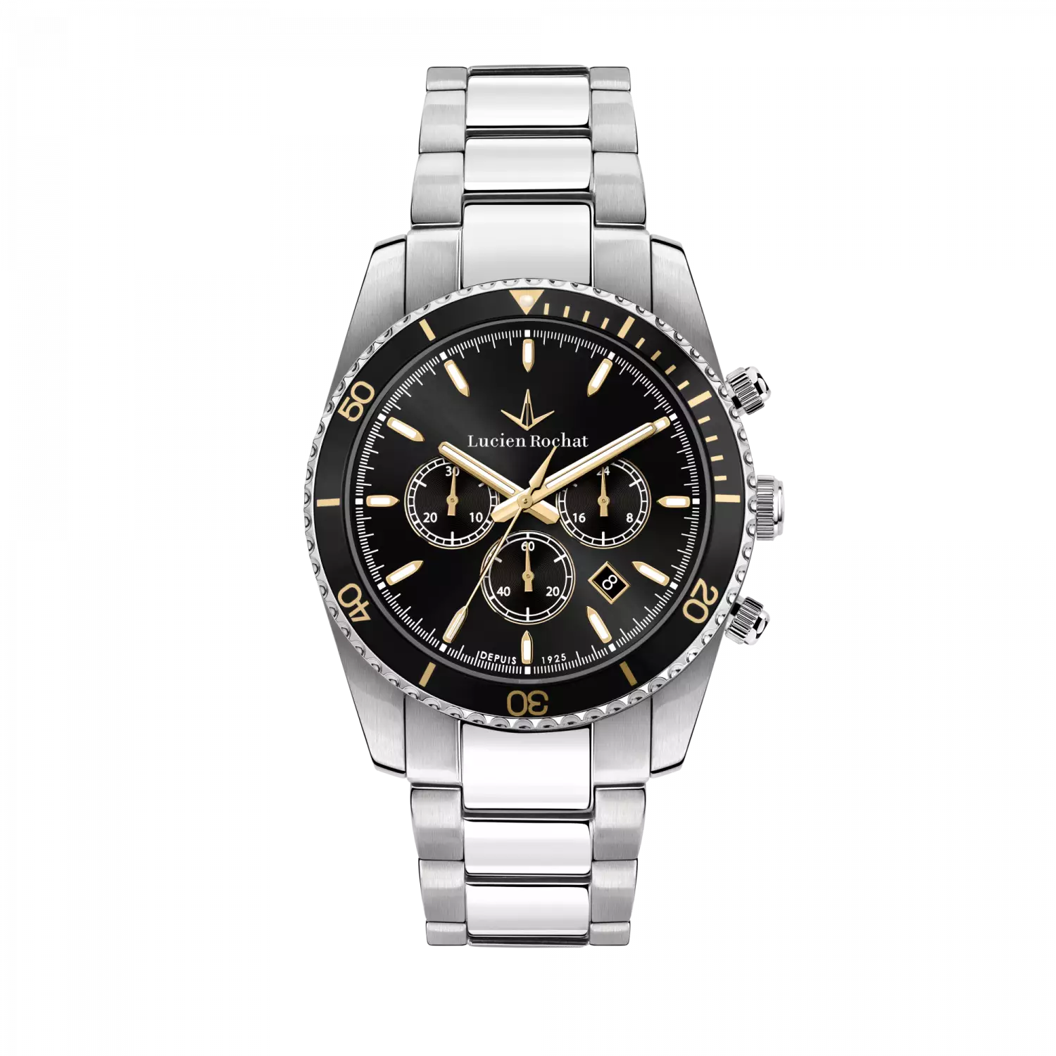 Orologio Lucien Rochat Uomo Collezione Léman, movimento al quarzo con funzione di cronografo con data. La cassa è in acciaio inox da 43mm, fondello e corona a vite e vetro zaffiro con lente sul datario a ore 4 lunetta con dettagli oro giallo