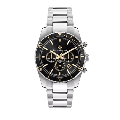 Orologio Lucien Rochat Uomo Collezione Léman, movimento al quarzo con funzione di cronografo con data. La cassa è in acciaio inox da 43mm, fondello e corona a vite e vetro zaffiro con lente sul datario a ore 4 lunetta con dettagli oro giallo