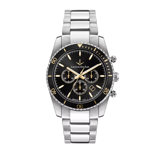 Orologio Lucien Rochat Uomo Collezione Léman, movimento al quarzo con funzione di cronografo con data. La cassa è in acciaio inox da 43mm, fondello e corona a vite e vetro zaffiro con lente sul datario a ore 4 lunetta con dettagli oro giallo