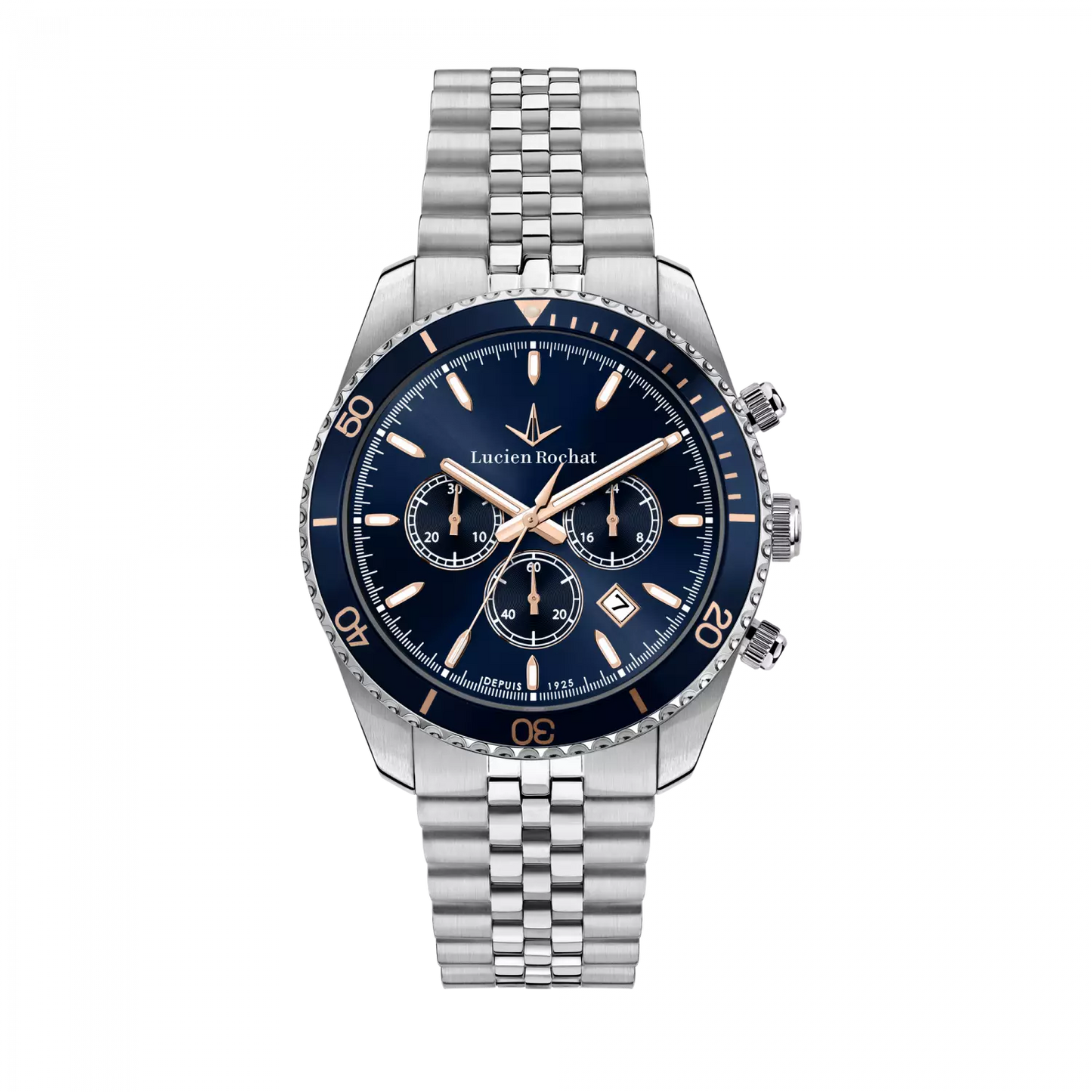 orologio cronografo da uomo lucien rochat r0473617008, cassa silver in acciaio. collezione léman quadrante blu dettagli oro rosa