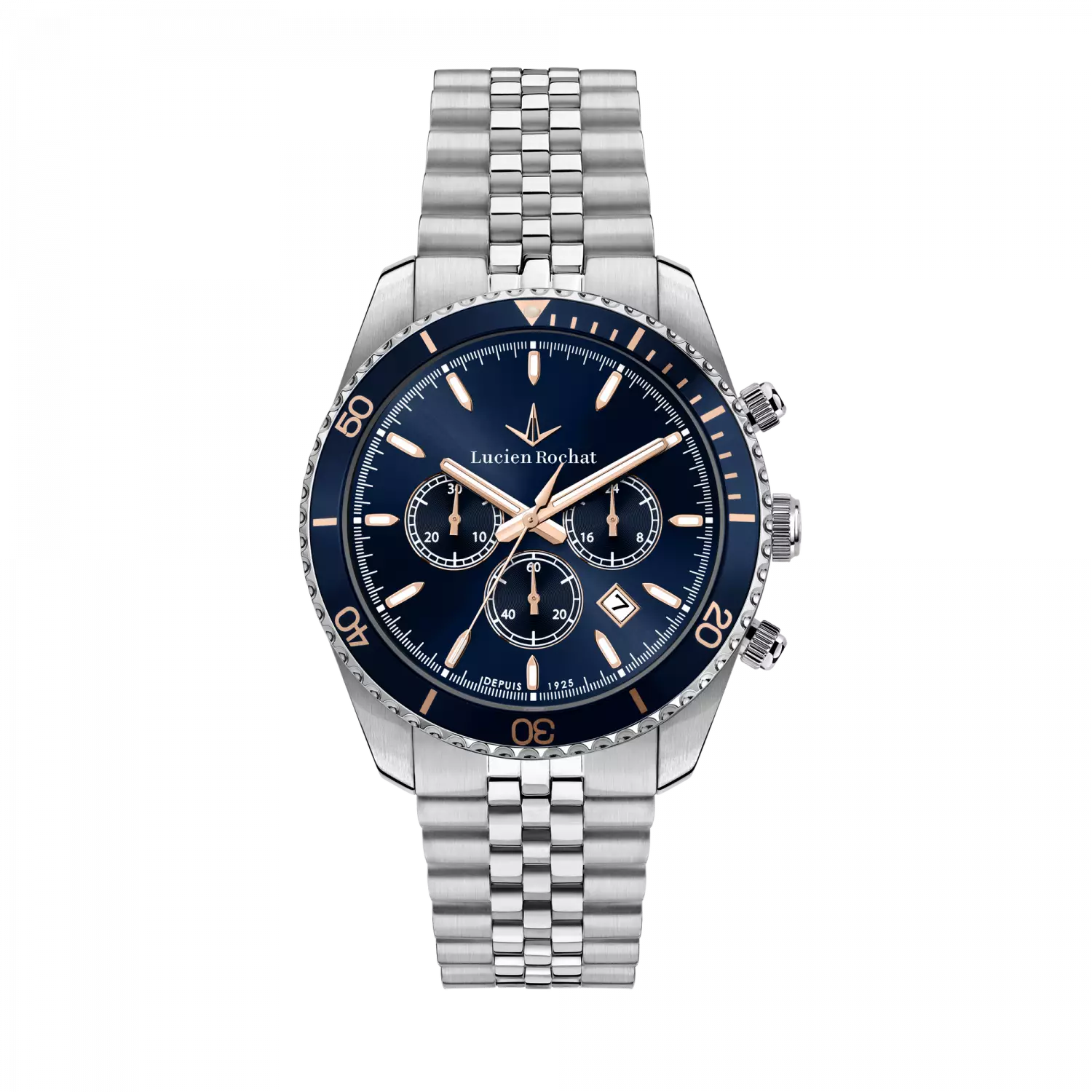 Orologio Cronografo da Uomo Lucien Rochat R0473617008, Cassa Silver in Acciaio. Collezione Léman Quadrante blu Dettagli oro rosa