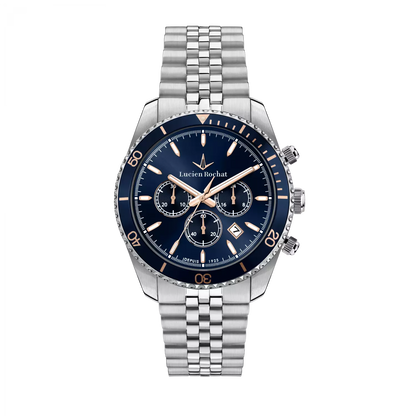 Orologio Cronografo da Uomo Lucien Rochat R0473617008, Cassa Silver in Acciaio. Collezione Léman Quadrante blu Dettagli oro rosa