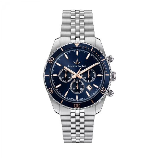 Orologio Cronografo da Uomo Lucien Rochat R0473617008, Cassa Silver in Acciaio. Collezione Léman Quadrante blu Dettagli oro rosa