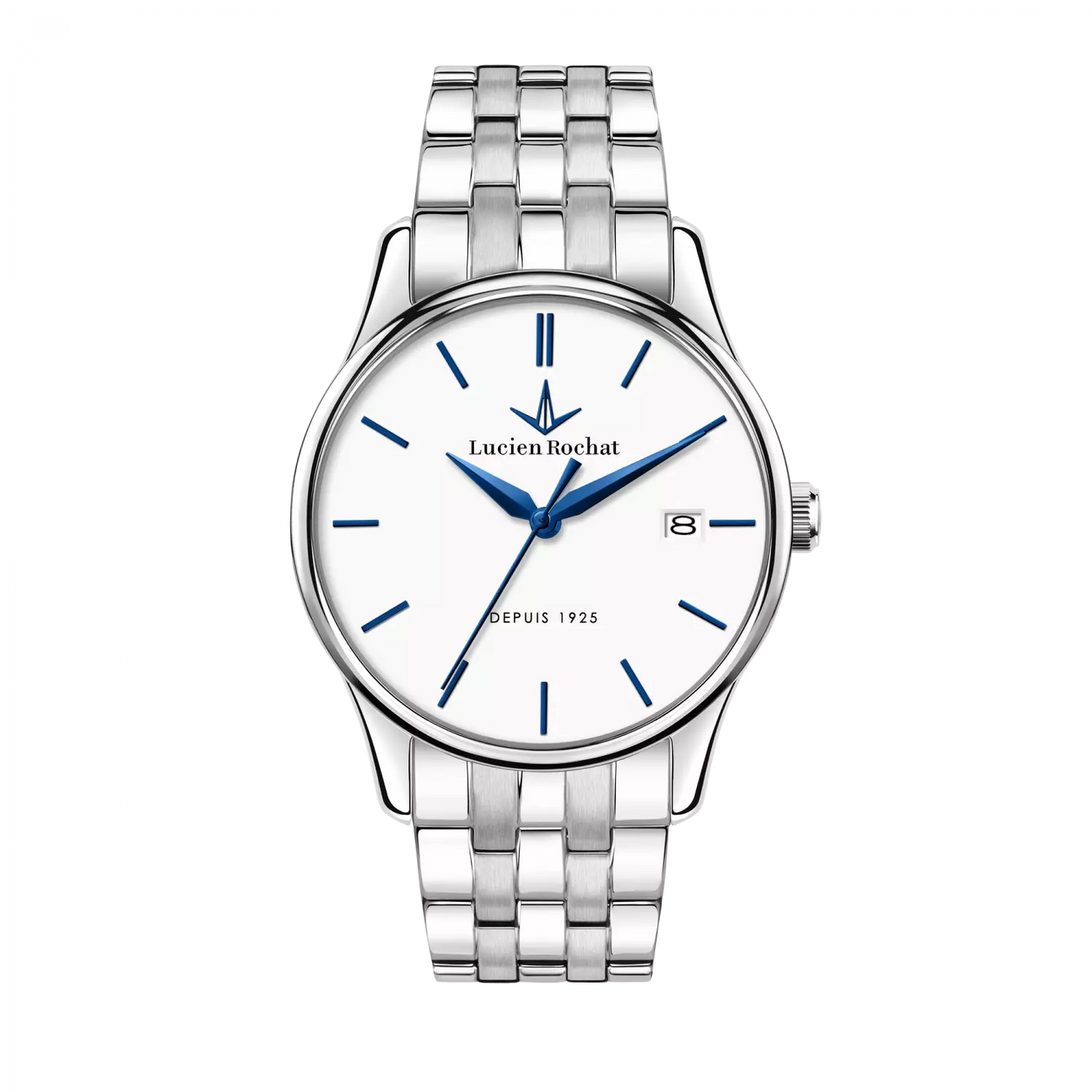 orologio tempo e data da uomo lucien rochat r0453115007, cassa silver in acciaio. indici blu. collezione montreux