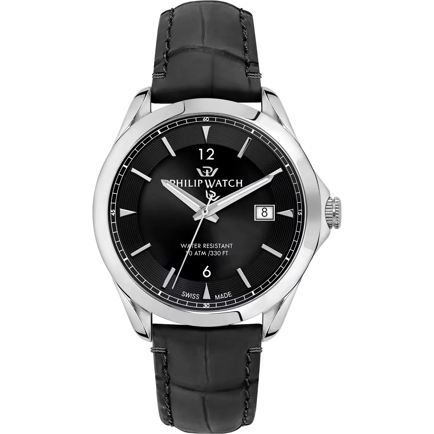 Orologio da uomo con movimento al quarzo ETA F06.115 e funzioni di solo tempo con data.
Cassa in acciaio inox dal diametro di 41 mm. Fondello e corona a vite