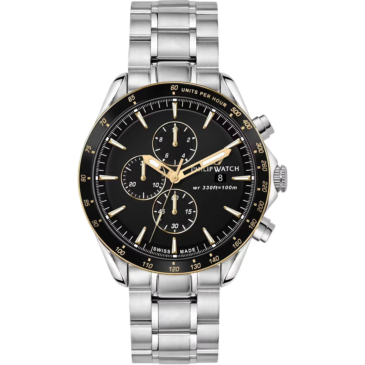 orologio philip watch da uomo con movimento al quarzo ronda 3540 e funzioni di cronografo con data.
cassa in acciaio inox dal diametro di 44 mm. lunetta con finitura dorata.