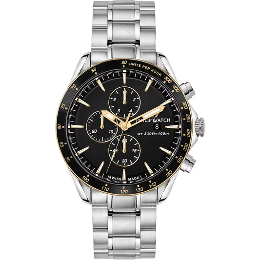 Orologio philip watch da uomo con movimento al quarzo RONDA 3540 e funzioni di cronografo con data.
Cassa in acciaio inox dal diametro di 44 mm. Lunetta con finitura dorata.