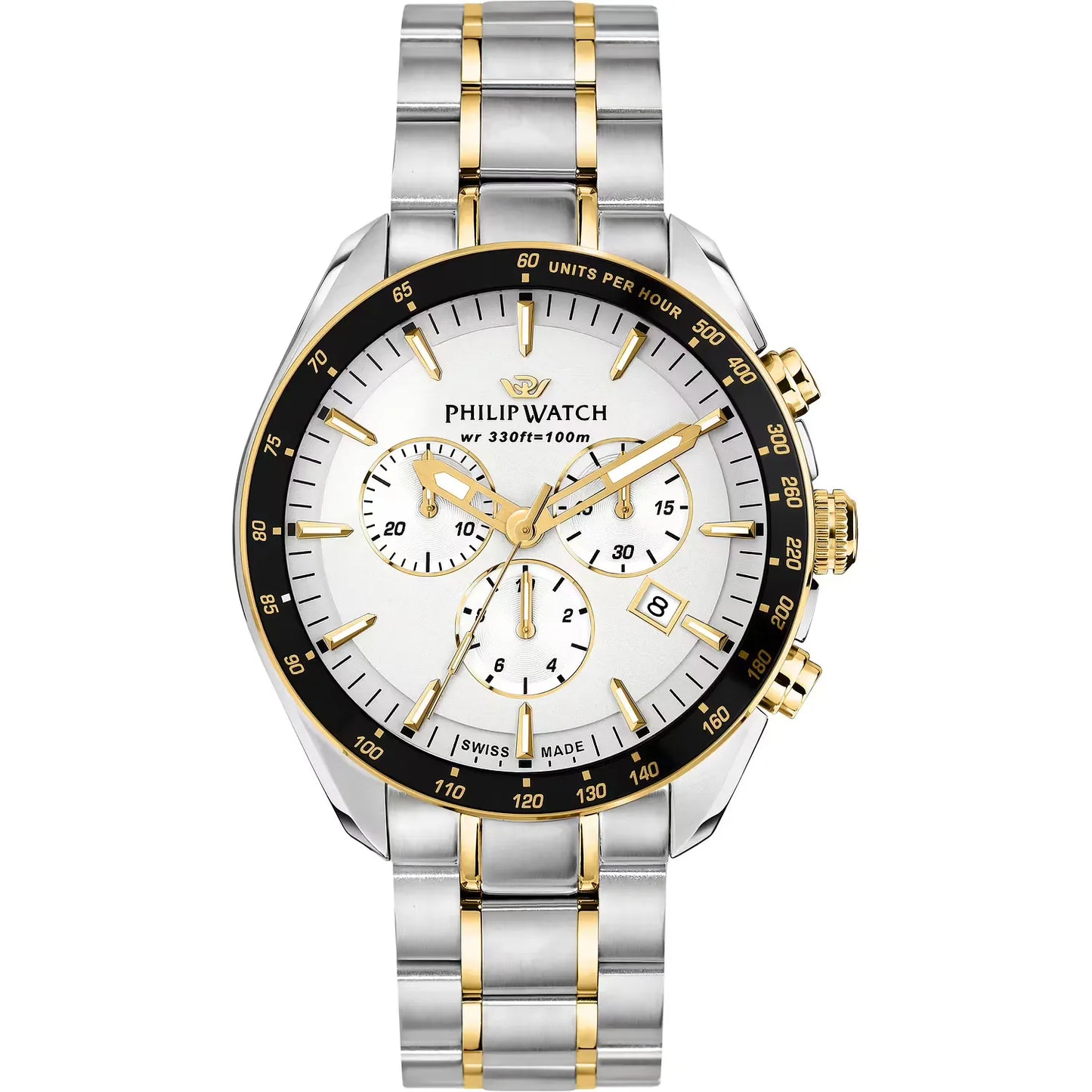 orologio da uomo con movimento al quarzo ronda 5040d e funzioni di cronografo con data.
cassa in acciaio inox dal diametro di 42 mm. lunetta dorata.