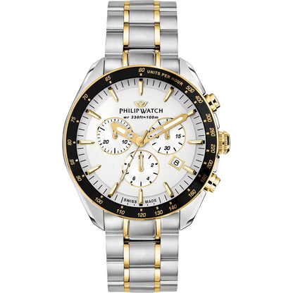 Orologio da uomo con movimento al quarzo RONDA 5040D e funzioni di cronografo con data.
Cassa in acciaio inox dal diametro di 42 mm. Lunetta dorata.