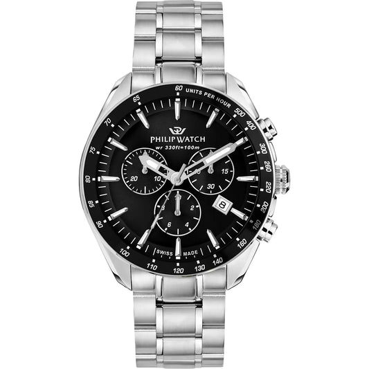 Orologio da uomo con movimento al quarzo RONDA 5040D e funzioni di cronografo con data.
Cassa in acciaio inox diametro 42 mm. Lunetta con trattamento ip nero.