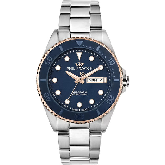 Orologio da uomo con movimento automatico Sellita SW220 e funzione di solo tempo con data.
Cassa in acciaio inox dal diametro di 42 mm. Lunetta placcata oro rosa con inserto in ceramica blu. Valvola a elio per garantire maggiore impermeabilità