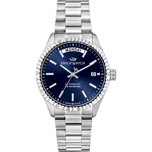 Orologio da uomo Philip Watch con movimento automatico Sellita SW240-1 e funzioni di solo tempo con data. Cassa in acciaio inox dal diametro di 39 mm.  Quadrante Blu, Lunetta zigrinata.
