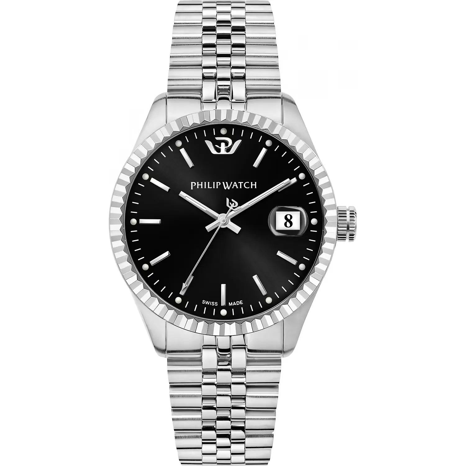 Orologio da uomo Philip Watch con movimento al quarzo ETA F06.115 e funzioni di solo tempo con data.
Cassa in acciaio inox dal diametro di 39 mm. Ghiera zigrinata. Quadrante Nero