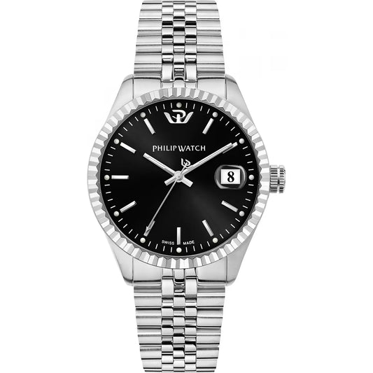 Orologio da uomo Philip Watch con movimento al quarzo ETA F06.115 e funzioni di solo tempo con data.
Cassa in acciaio inox dal diametro di 39 mm. Ghiera zigrinata. Quadrante Nero