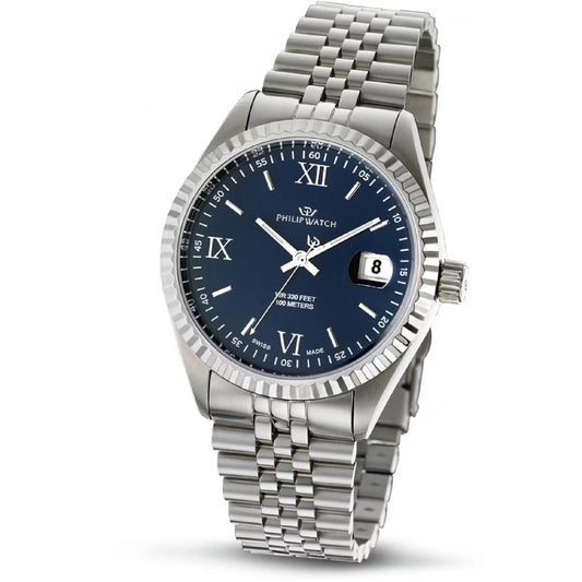 Orologio philip watch da uomo con movimento al quarzo ETA F06.115 e funzioni di solo tempo con data.
Cassa in acciaio inox dal diametro di 39 mm e spessore 9,15 mm. Ghiera zigrinata in acciaio. Quadrante blu