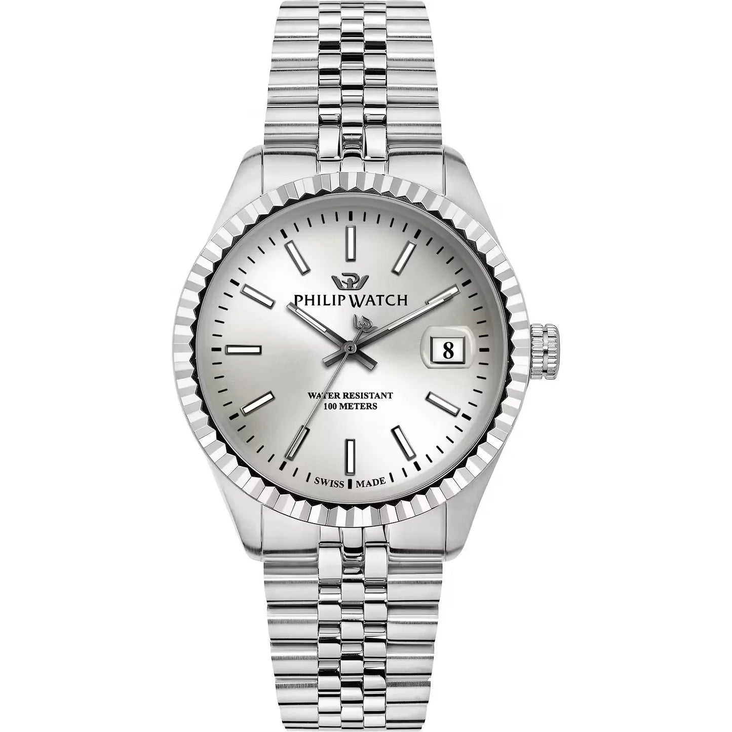 orologio da uomo philip watch con movimento al quarzo eta f06.115 e funzioni di solo tempo con data.
cassa rotonda in acciaio inox dal diametro di 39 mm. lunetta zigrinata. fondello e corona a vite. 