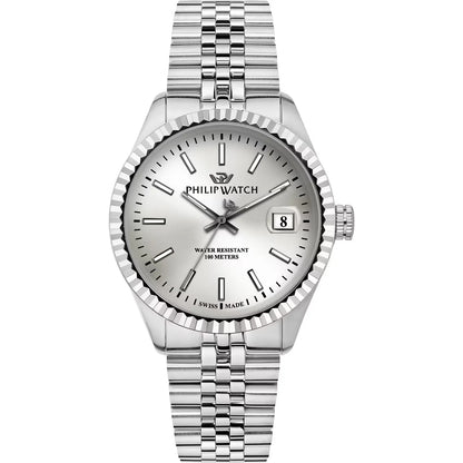 Orologio da uomo Philip Watch con movimento al quarzo ETA F06.115 e funzioni di solo tempo con data.
Cassa rotonda in acciaio inox dal diametro di 39 mm. Lunetta zigrinata. Fondello e corona a vite. 